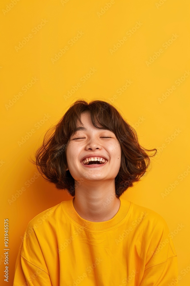 Portrait Of A Young Asian Lady Smiling With A Cheerful Expression, Showing Something Amazing In Blank Space, Wearing Casual Clothing Portrait Of A Young Asian Lady Smiling With A Cheerful Expression, Showing Something Amazing In Blank Space, Wearing Casual Clothing