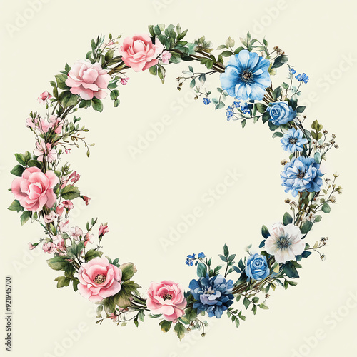 Watercolor floral wreath with pink and blue flowers.