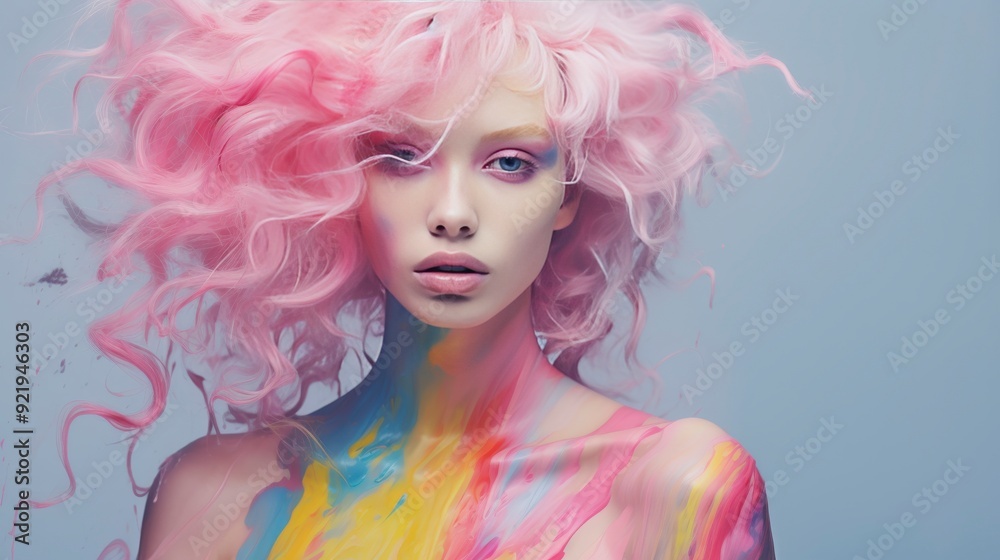 A portrait of a model with pink hair and colorful paint splashes on her skin. A portrait of a model with pink hair and colorful paint splashes on her skin.