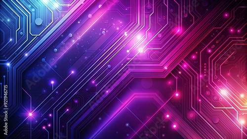 Futuristic abstract background with vibrant pink and purple gradient, overlaid with circuit board patterns and sleek metallic lines, evoking innovation and digital advancement.