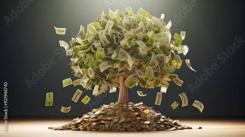 A tree made of money surrounded by coins, symbolizing wealth and prosperity.