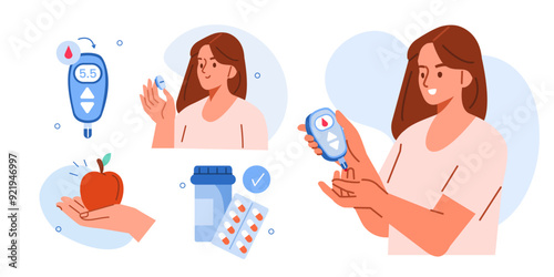 Diabetes type 2 concept set. Woman checks monitor blood sugar level with glucometer, change diet and take medications. Vector illustration.