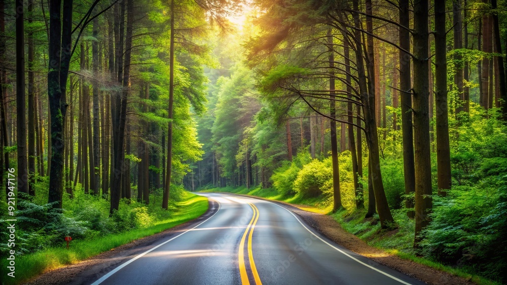 Obraz premium Empty road winding through a serene forest setting