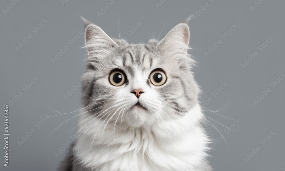 Close-up portrait of a white and grey cat with wide eyes looking at the camera Close-up portrait of a white and grey cat with wide eyes looking at the camera