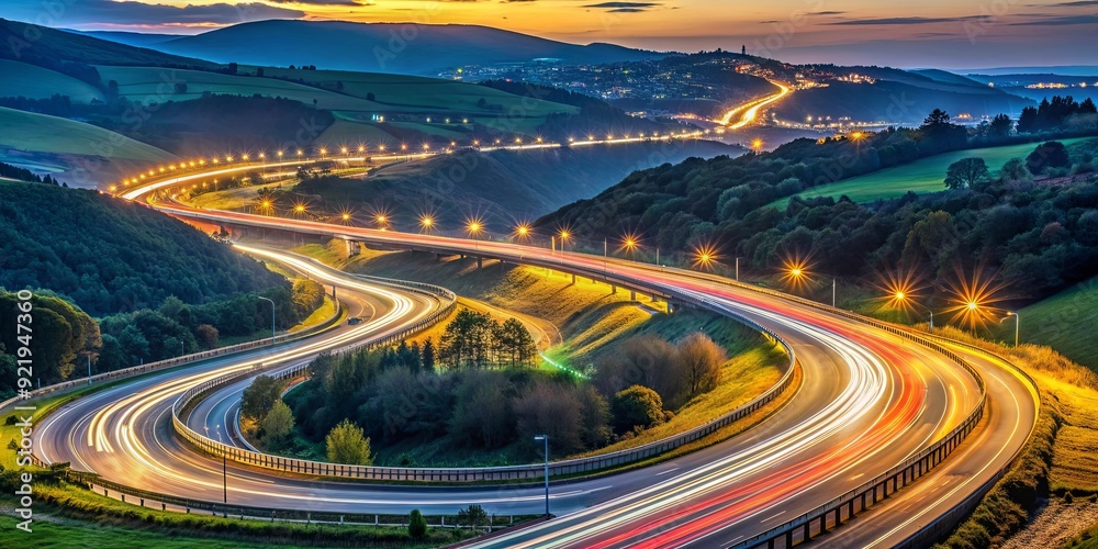 A picturesque winding motorway through hilly landscape at night A picturesque winding motorway through hilly landscape at night