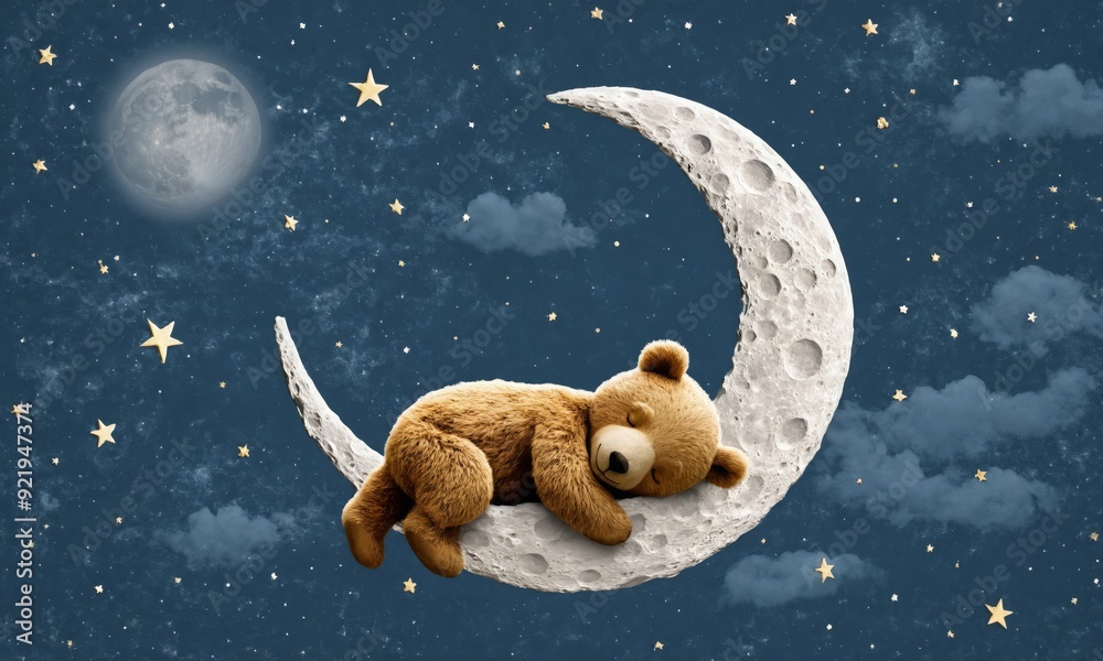 Teddy bear sleeping on a crescent moon in a starry night Stock ...