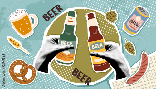 Beer festival collage in pop art style. Oktoberfest concept. Trendy vector illustration.