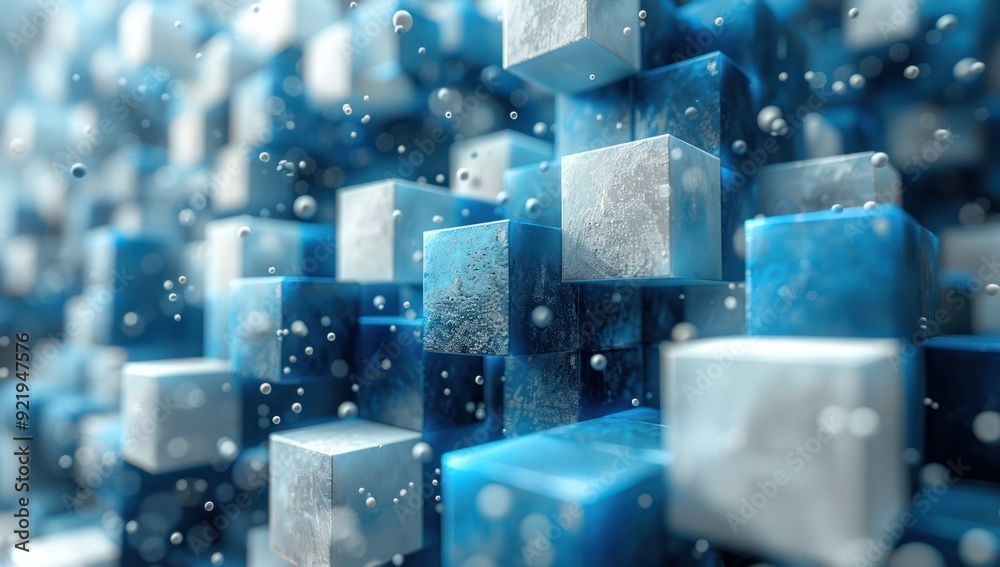 Abstract Blue and White Cubes with Floating Bubbles Abstract Blue and White Cubes with Floating Bubbles