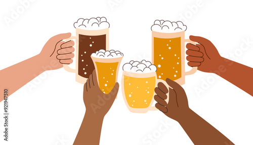 Set of beer mugs in human hands different skin tones isolated on white background. Oktoberfest concept. Beer festival concept. Friendship concept.