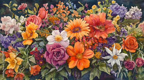 Vibrant floral arrangement painting with assorted colorful flowers including roses, daisies, and more on a dark background.