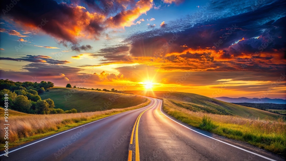 A beautiful sunset over a winding road, leading the way home A beautiful sunset over a winding road, leading the way home