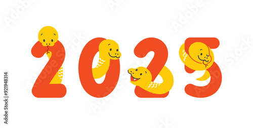 2025年、巳年の年賀状素材　蛇のキャラクターのポップなイラスト