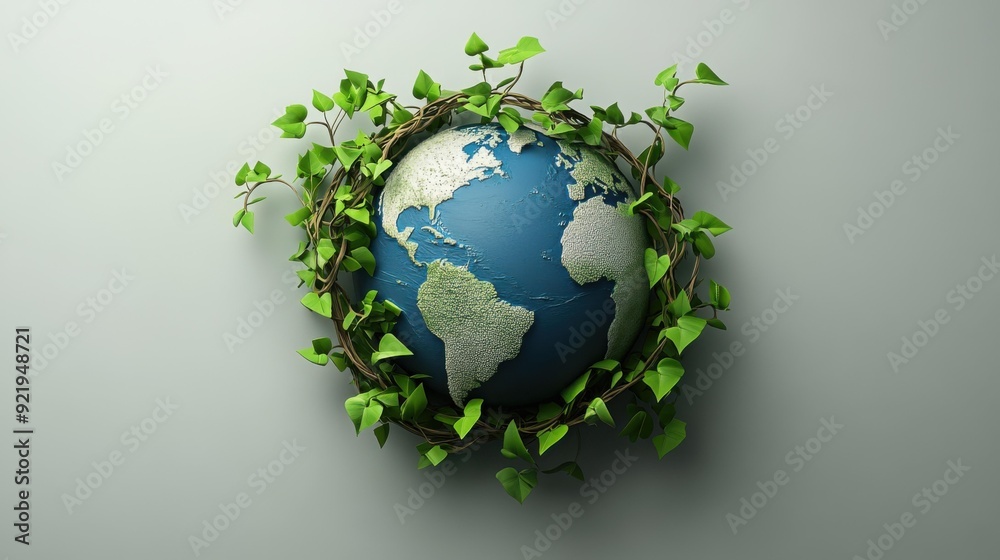 A globe surrounded by green vines symbolizes environmental protection and sustainability. The image conveys a sense of harmony and care for the planet. A globe surrounded by green vines symbolizes environmental protection and sustainability. The image conveys a sense of harmony and care for the planet.