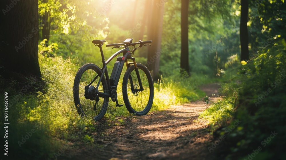 Fototapeta premium A sleek electric bike stands on a sunlit forest path, surrounded by lush greenery, evoking a sense of adventure and tranquility.