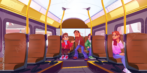 Teenage kids traveling in school bus. Cartoon vector autobus interior with seats and handles. Children inside transportation - teen boy hold his face with hands and cry, confused kids around him.