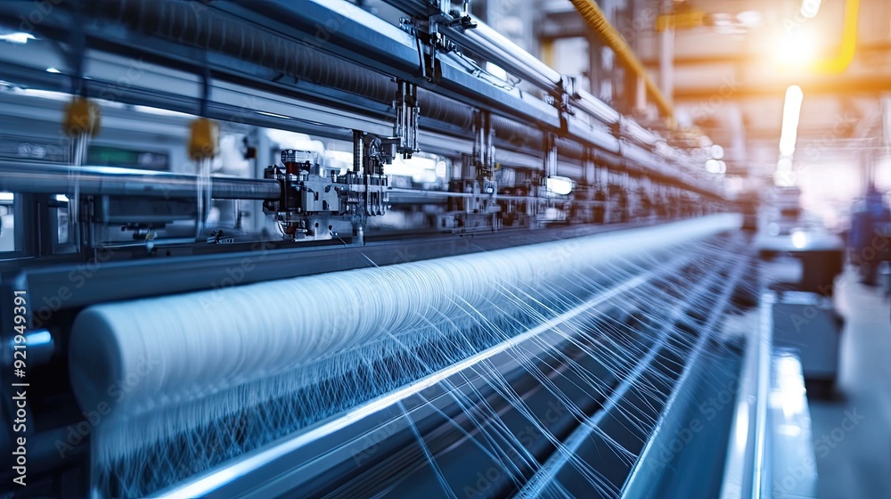 Automated knitting machines in action within a textile factory, producing fabric with precise, synchronized movements. Automated knitting machines in action within a textile factory, producing fabric with precise, synchronized movements.