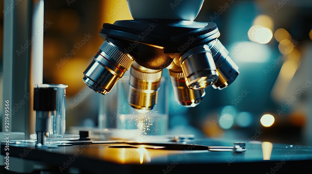 Close-up of a scientific microscope in a state-of-the-art laboratory, ready to reveal the mysteries of the microscopic world. Close-up of a scientific microscope in a state-of-the-art laboratory, ready to reveal the mysteries of the microscopic world.