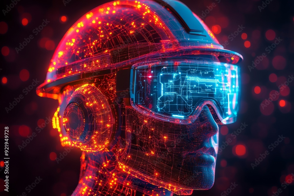 Smart helmets in construction, workers connected digitally, safety tech. Generative AI Smart helmets in construction, workers connected digitally, safety tech. Generative AI