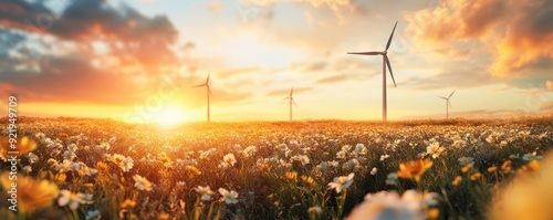 A beautiful sunset illuminates a field of flowers, with wind turbines in the background, creating a serene and peaceful atmosphere. The scene evokes feelings of tranquility and harmony with nature.
