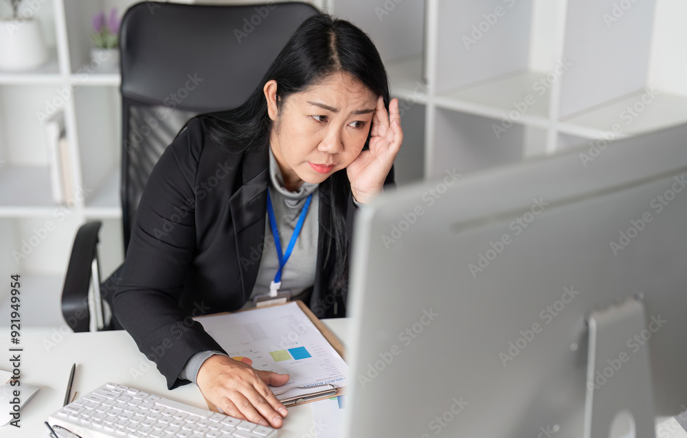 Stressed Business Woman Working at Computer in Modern Office Environment, Experiencing Work Pressure and Fatigue Stressed Business Woman Working at Computer in Modern Office Environment, Experiencing Work Pressure and Fatigue