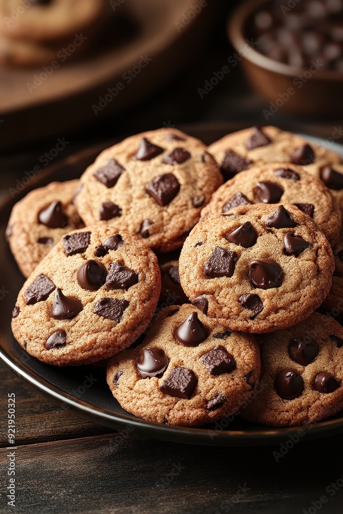 Freshly Baked Chocolate Chip Cookies on a Plate with Wooden Background, Close-Up View Freshly Baked Chocolate Chip Cookies on a Plate with Wooden Background, Close-Up View