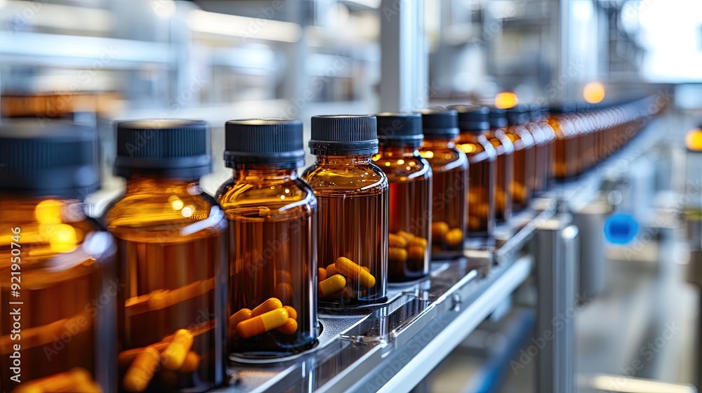 Rows of amber medicine bottles lined up in a pristine pharmaceutical manufacturing facility, reflecting industry precision. Rows of amber medicine bottles lined up in a pristine pharmaceutical manufacturing facility, reflecting industry precision.