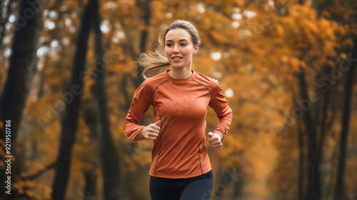 Happy smiling beautiful Caucasian woman running or jogging on trail in autumn park or forest during fall season, female athlete, runner or jogger training or exercising in nature, fitness and sport