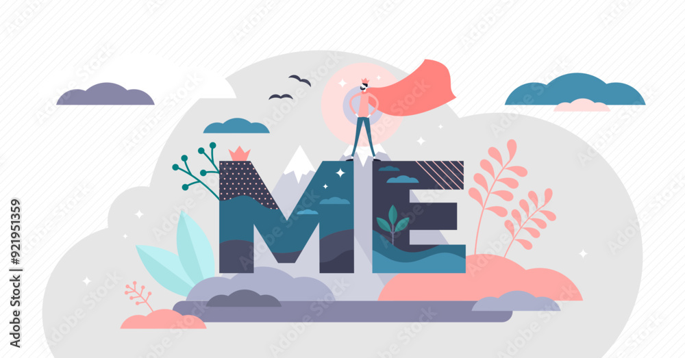 Ego personal mental focus, flat tiny super hero person illustration, transparent background. Self centered person social and business destructive behavior.