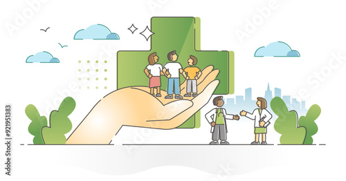 Family health prevention, care, protection and medical safety outline concept, transparent background.Kids and parents wellness checkup for diseases and illness illustration.