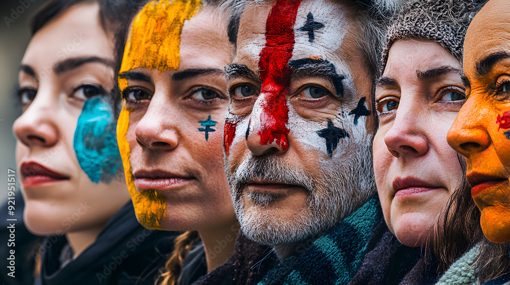 A series of close-up portraits of activists from different causes, with their faces painted or marked by symbols of their movements.
A series of close-up portraits of activists from different causes, with their faces painted or marked by symbols of their movements.