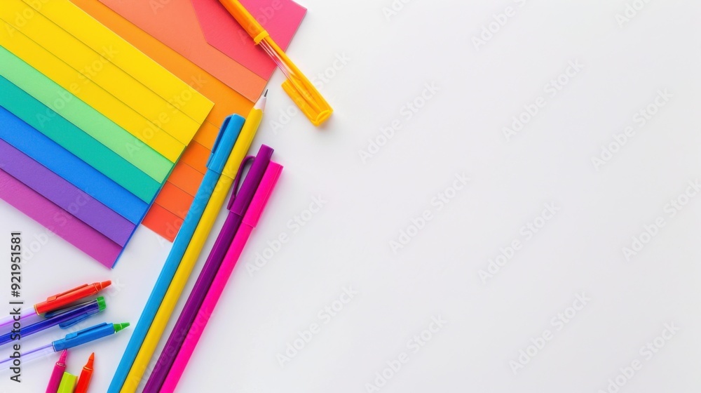 Fototapeta premium Colorful stationery items arranged neatly, evoking a sense of creativity and inspiration. The vibrant colors of the pens and paper invite artistic expression.