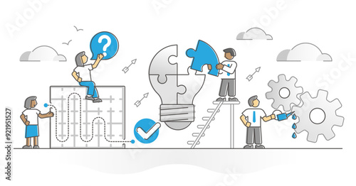 Problem solution in difficult business situations monocolor outline concept, transparent background. Technical challenge analysis, solving process and path thinking illustration.