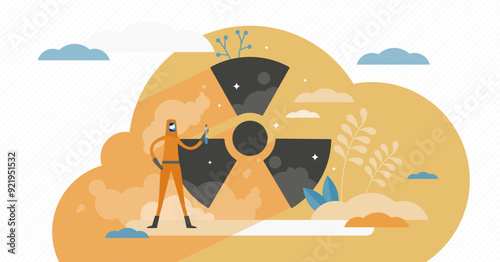 Radiation concept, flat tiny person illustration, transparent background. Abstract nuclear toxic waste scene with worker in radioactive protection suit. Hazardous danger risk.
