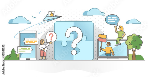 Questions answer as unknown information curiosity research outline concept, transparent background.FAQ symbol with confused thoughts and missing info clarify scene illustration.