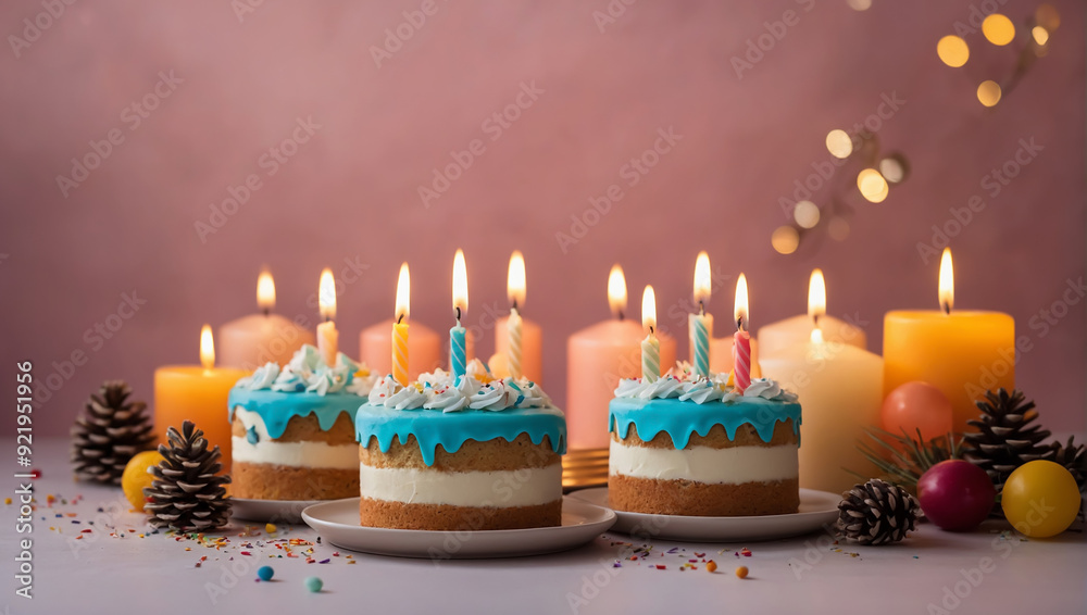 Birthday cake with candles on multicolored background, AI generated Birthday cake with candles on multicolored background, AI generated