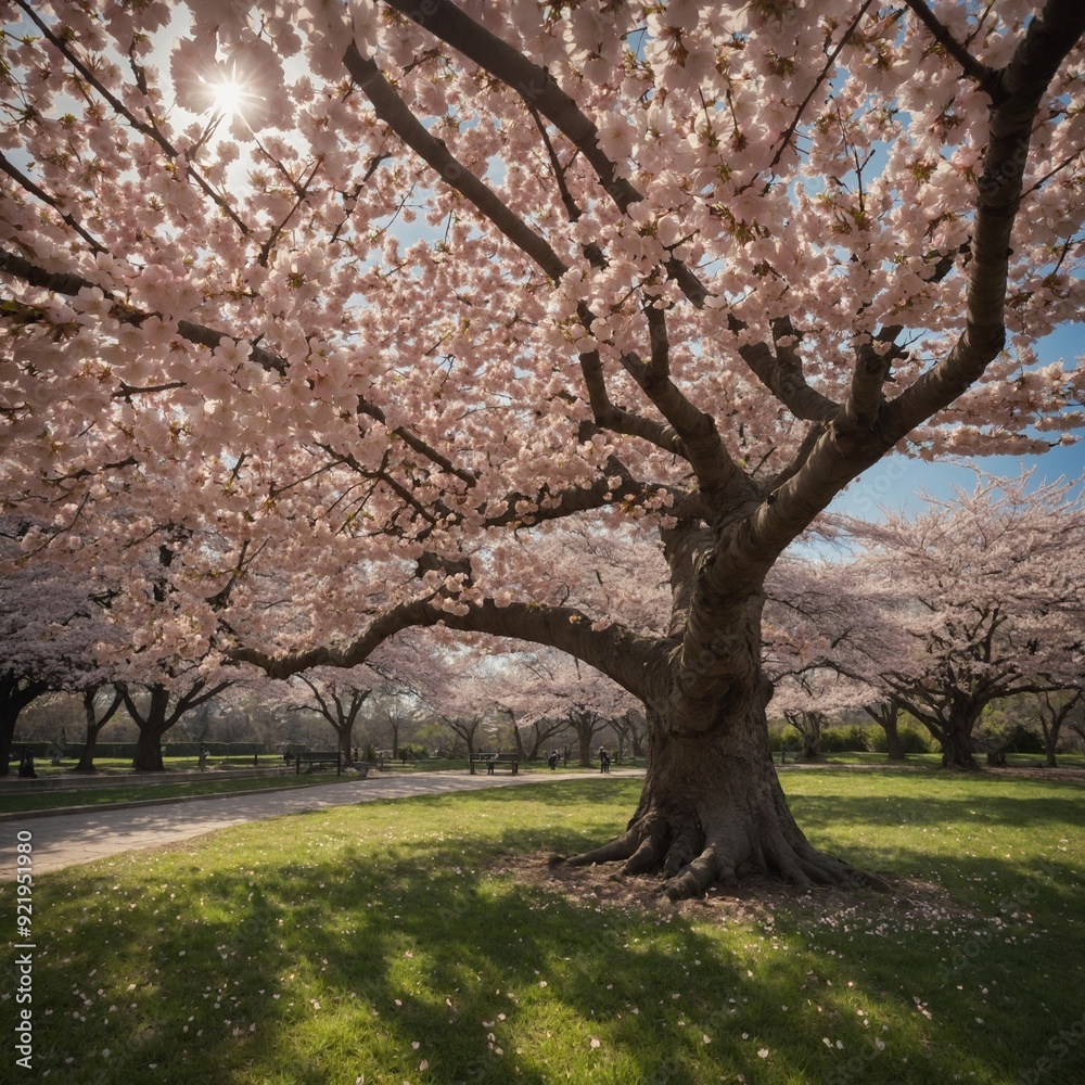 Cherry Blossom Tree: A beautiful cherry blossom tree in full bloom, with soft pink petals cascading gently to the ground in a serene park setting. Cherry Blossom Tree: A beautiful cherry blossom tree in full bloom, with soft pink petals cascading gently to the ground in a serene park setting.