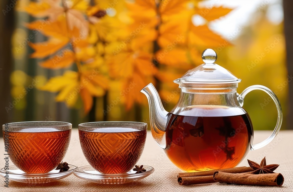 Glass teapot and two glass cups with tea on saucers on a linen tablecloth against the background of autumn trees, warming hot drink Glass teapot and two glass cups with tea on saucers on a linen tablecloth against the background of autumn trees, warming hot drink