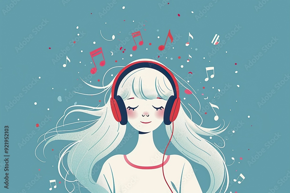 White haired girl with headphones, flat style, illustration style, Memphis, lots of musical elements in the background, generative ai White haired girl with headphones, flat style, illustration style, Memphis, lots of musical elements in the background, generative ai