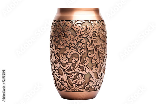 Exquisite Ornate Vase Adorning Intricate Leaf Patterns Bathed in Warm Light on White or PNG Transparent Background. photo
