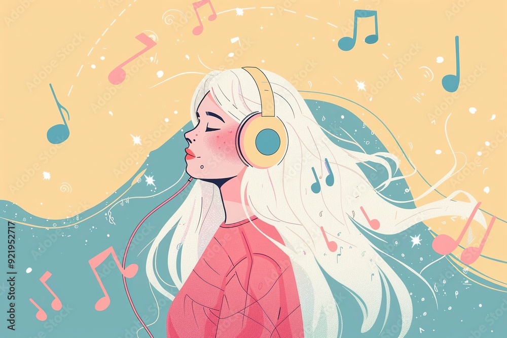White haired girl with headphones, flat style, illustration style, Memphis, lots of musical elements in the background, generative ai White haired girl with headphones, flat style, illustration style, Memphis, lots of musical elements in the background, generative ai
