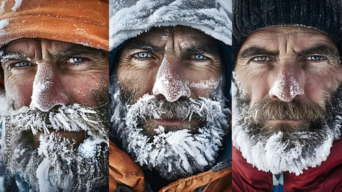 A series of close-up portraits of mountaineers, with frostbitten faces and ice in their beards or hair, captured in extreme cold environments.


 photo