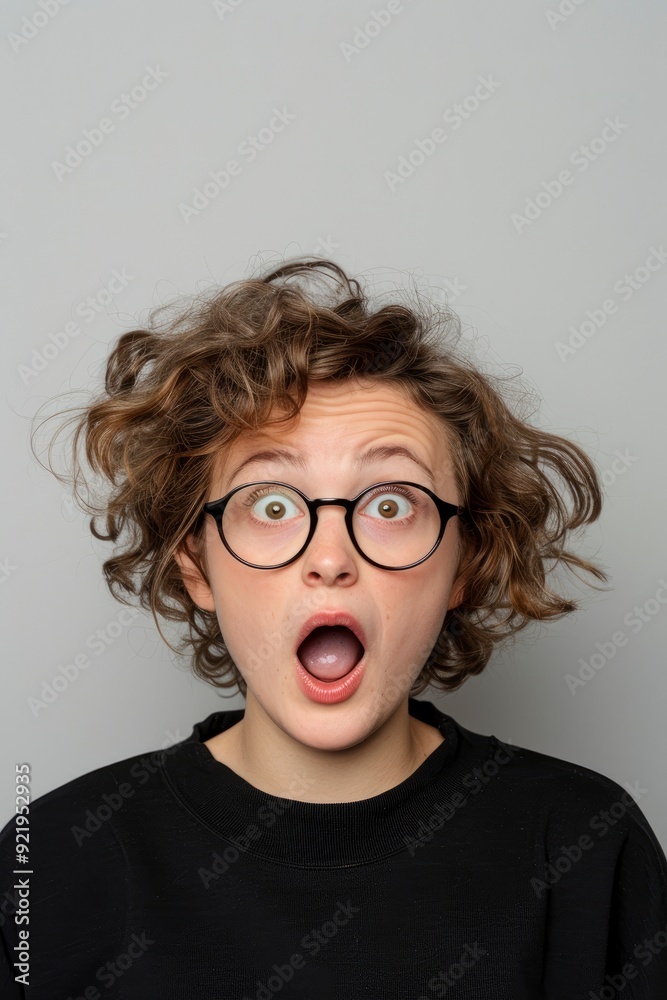 Portrait Of A Shocked, Thrilled, Good-Looking, Stylish Woman Taking Off Her Glasses, Gasping And Dropping Her Jaw, While Staring Amazed, Standing Against A Gray Wall Portrait Of A Shocked, Thrilled, Good-Looking, Stylish Woman Taking Off Her Glasses, Gasping And Dropping Her Jaw, While Staring Amazed, Standing Against A Gray Wall