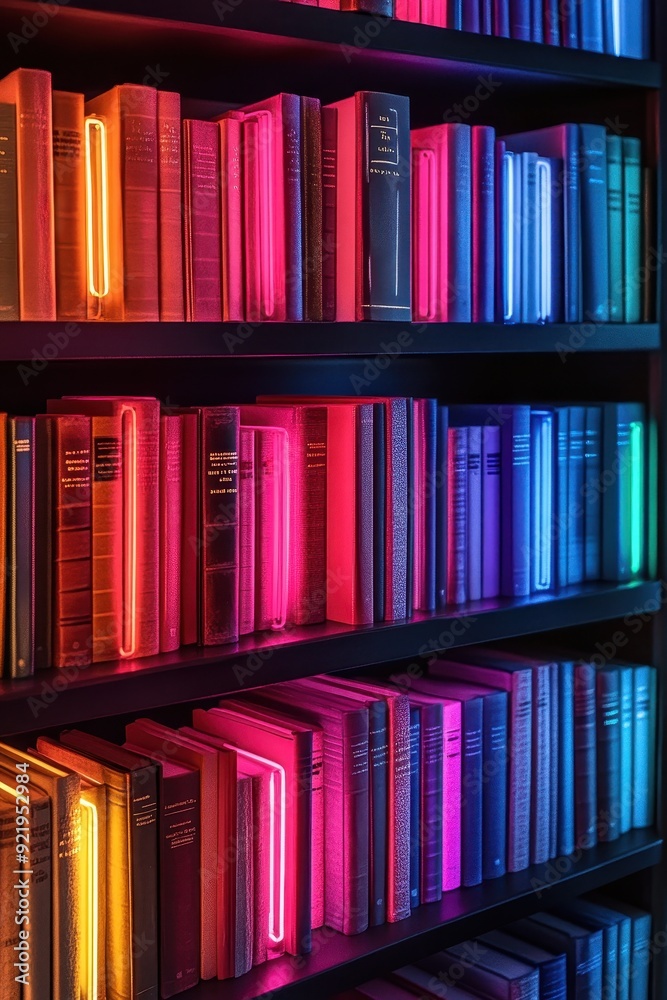 Fototapeta premium Vibrant Neon-Lit Bookshelf with Colorful Books in a Modern Library Setting