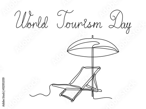 World Tourism Day. chaise longue with umbrella, continuous one line art hand drawing sketch, logo