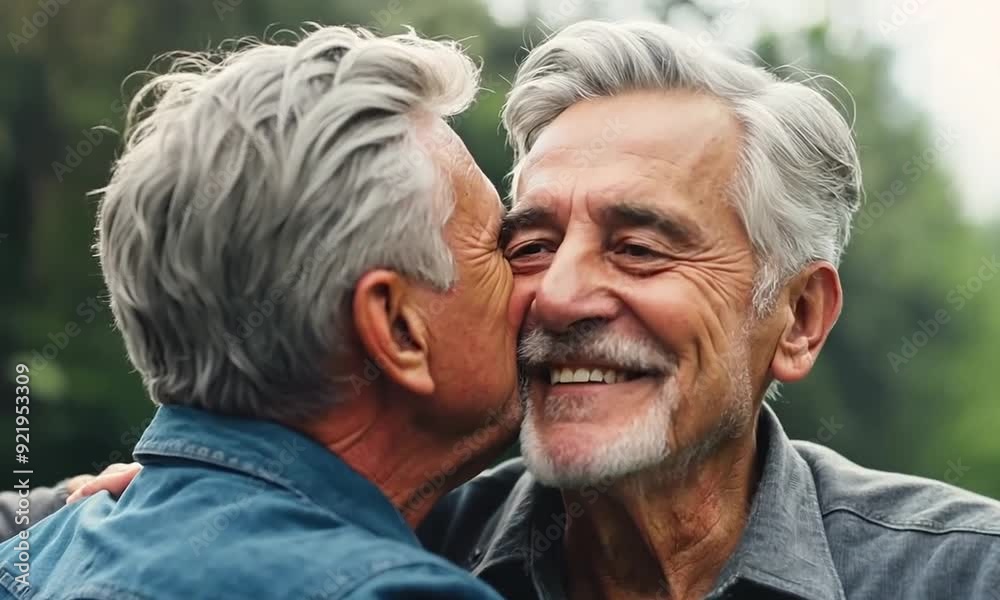Two joyful older men embrace warmly, sharing laughter and companionship during a sunny afternoon in a park, creating lasting memories with friends nearby Two joyful older men embrace warmly, sharing laughter and companionship during a sunny afternoon in a park, creating lasting memories with friends nearby