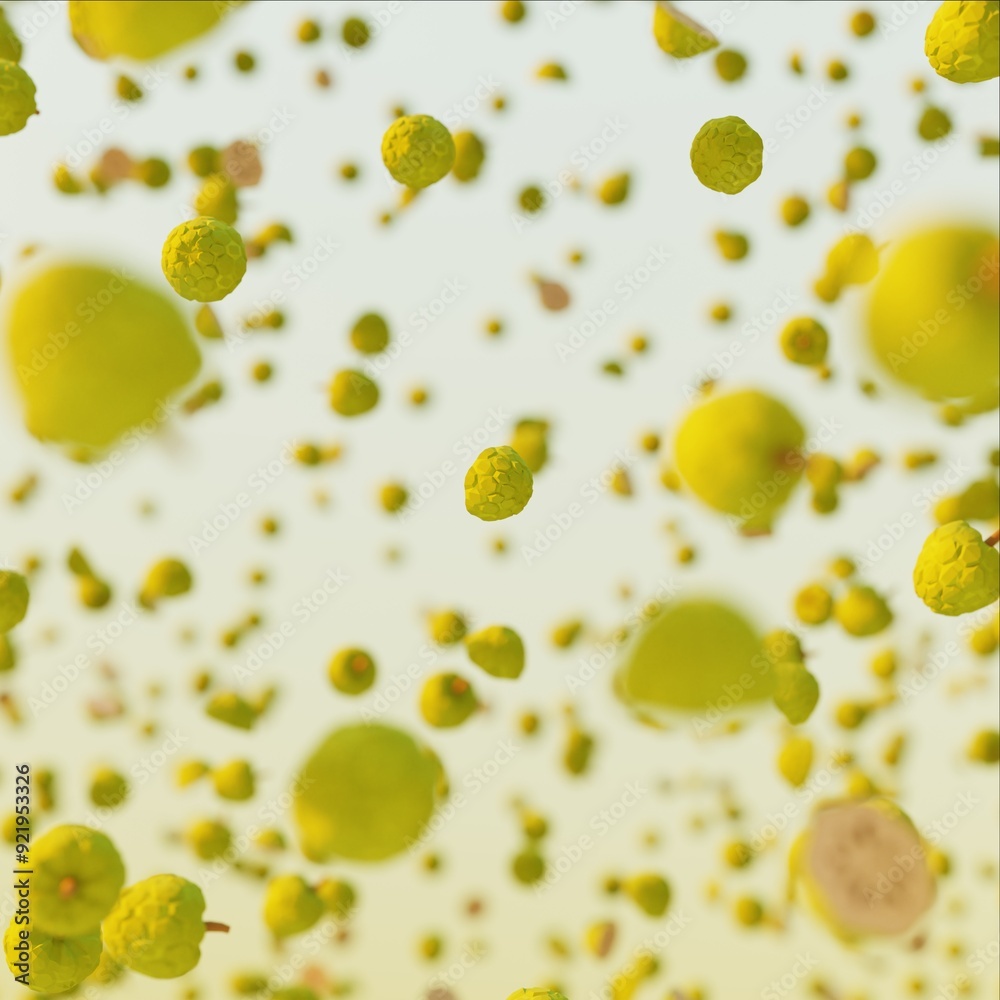 Stop motion of 3d render lowpoly fruit splash or falling flying from the air on the surface on blue sky background. fruit object design concept. Stop motion of 3d render lowpoly fruit splash or falling flying from the air on the surface on blue sky background. fruit object design concept.