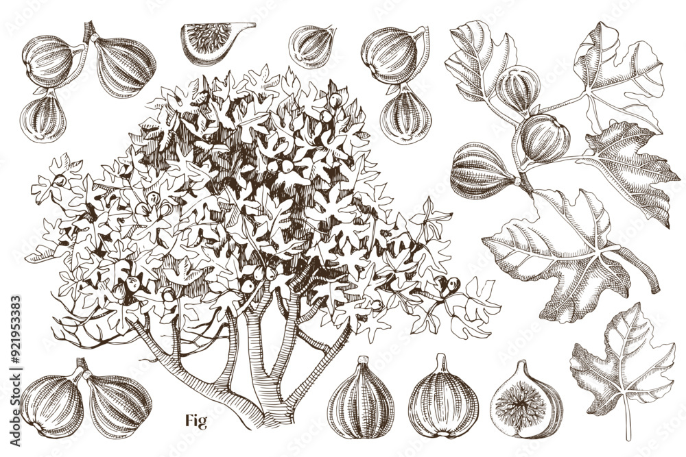 Figs collection with fig tree, branched and ripe fruits Figs collection with fig tree, branched and ripe fruits