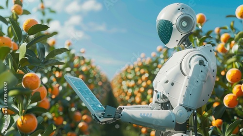 A robot with a humanoid design is holding a laptop, analyzing or controlling agricultural operations in a sunny orange orchard with ripe fruit. photo