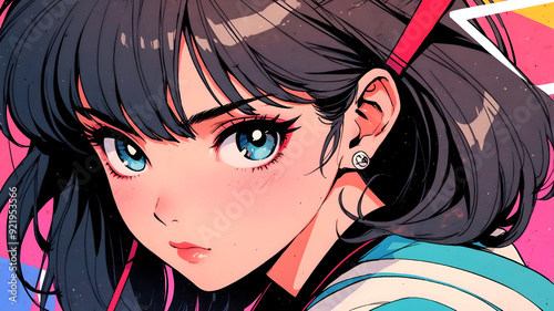 A retro anime girl with vibrant blue eyes, black hair, and a determined expression, evoking 80s and 90s style