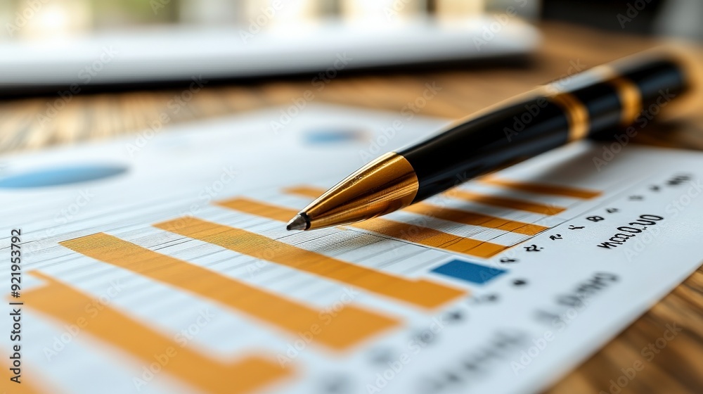 A close-up of a pen on a bar chart, illustrating data analysis and business metrics.